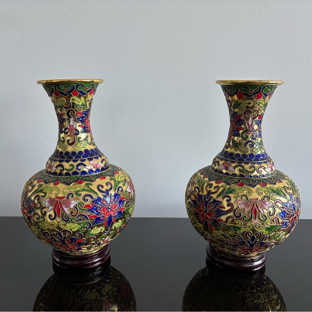 Vintage Pair of Chinese Enamel Cloisonne Flower Vases